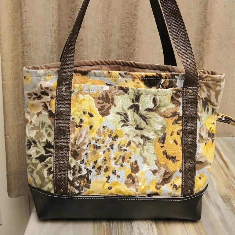 New Canvas Floral Tote Shopper shoulder Bag Yellow Brown Double handle Carryall